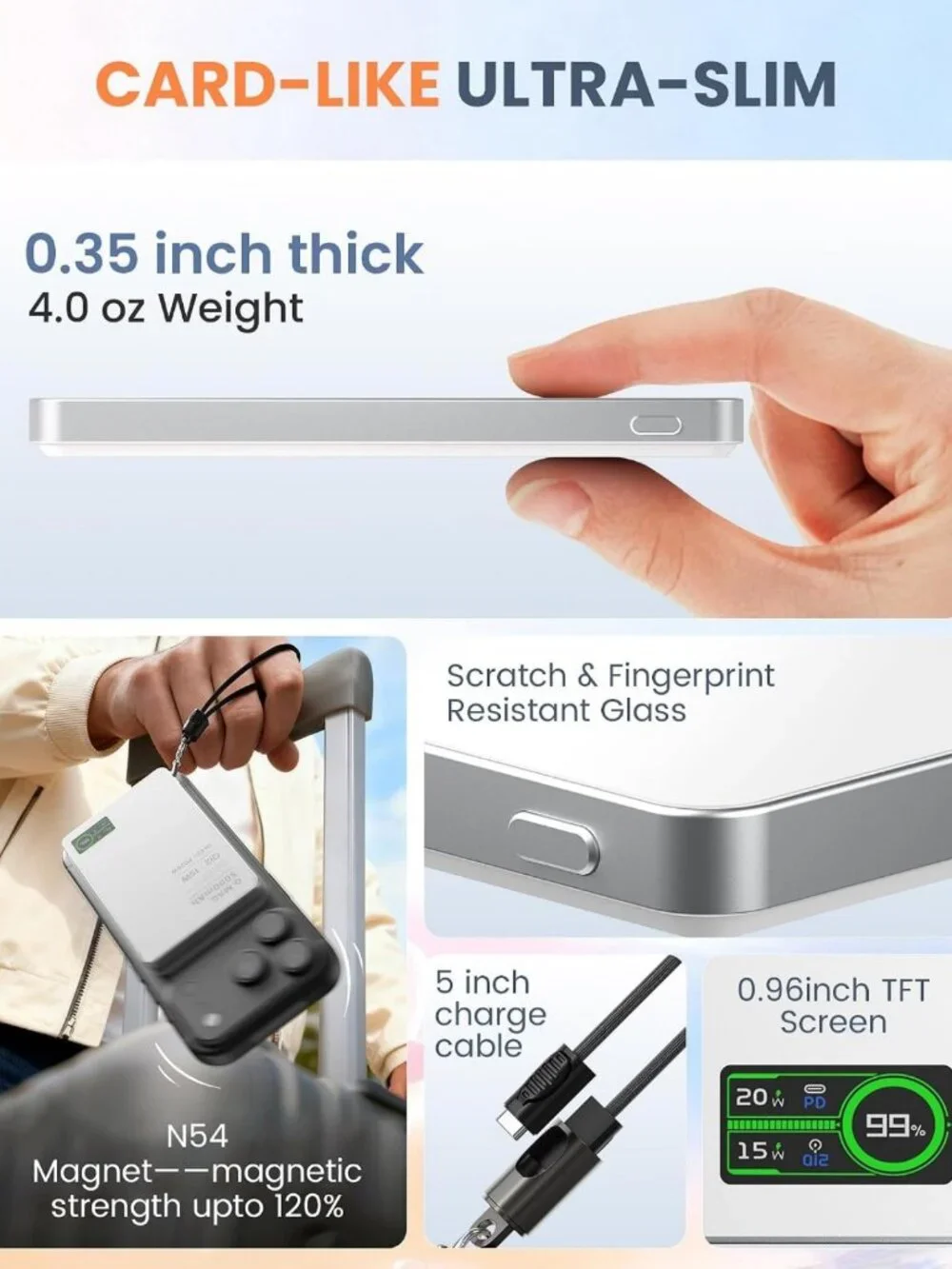 5000mAh Fast Wireless Power Bank for iPhone & Apple Watch, Ultra Slim 3-in-1